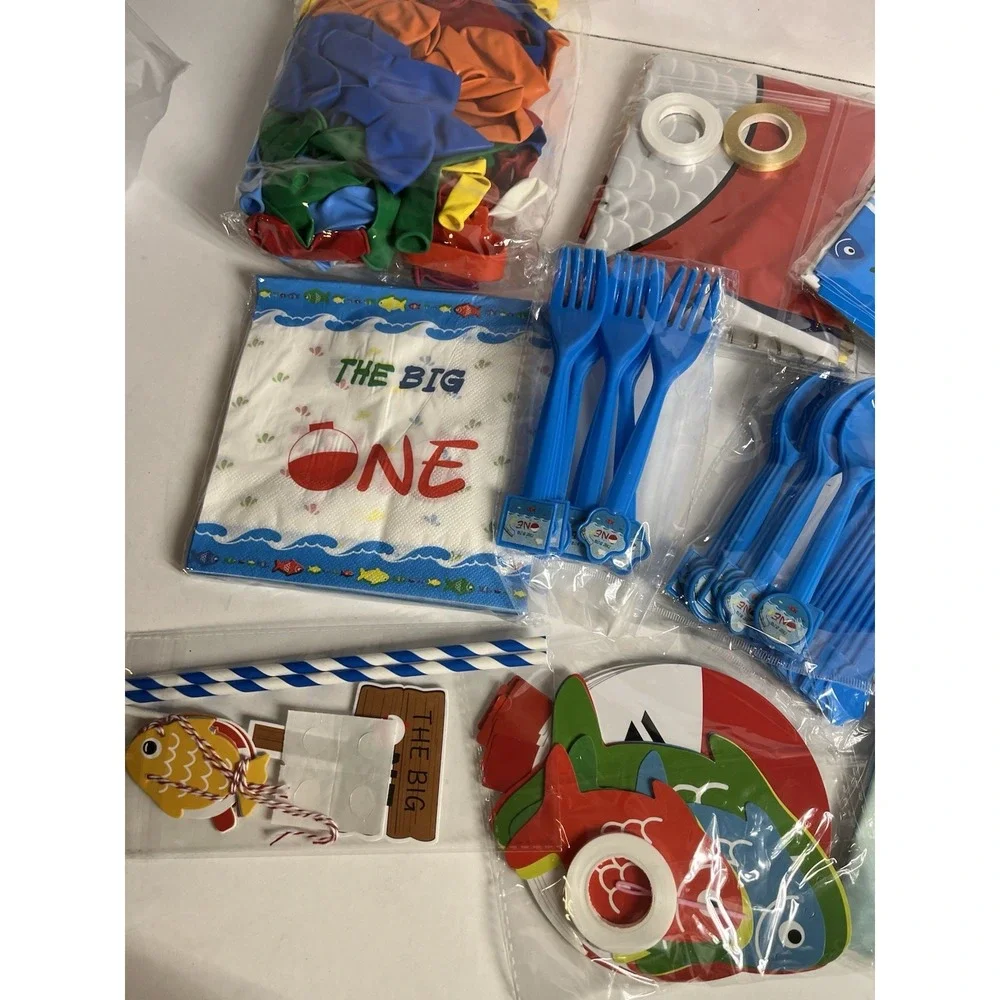 Ofishally One Birthday Decorations Fishing‎ 1st Birthday Party Tableware Set